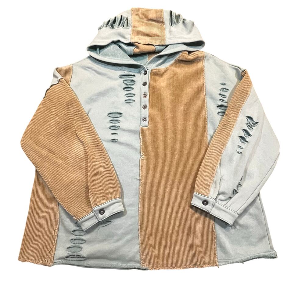 POL Oversized Patchwork Hoodie Distressed Corduroy Colorblock Pullover Women‎ M